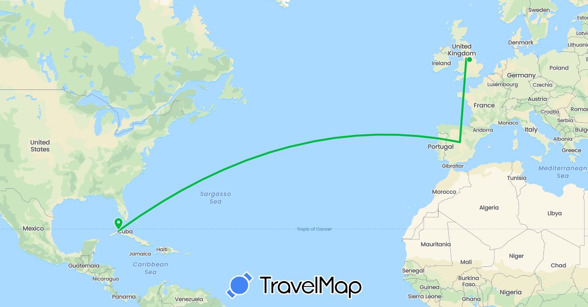 TravelMap itinerary: driving, bus in Cuba, Spain, United Kingdom (Europe, North America)